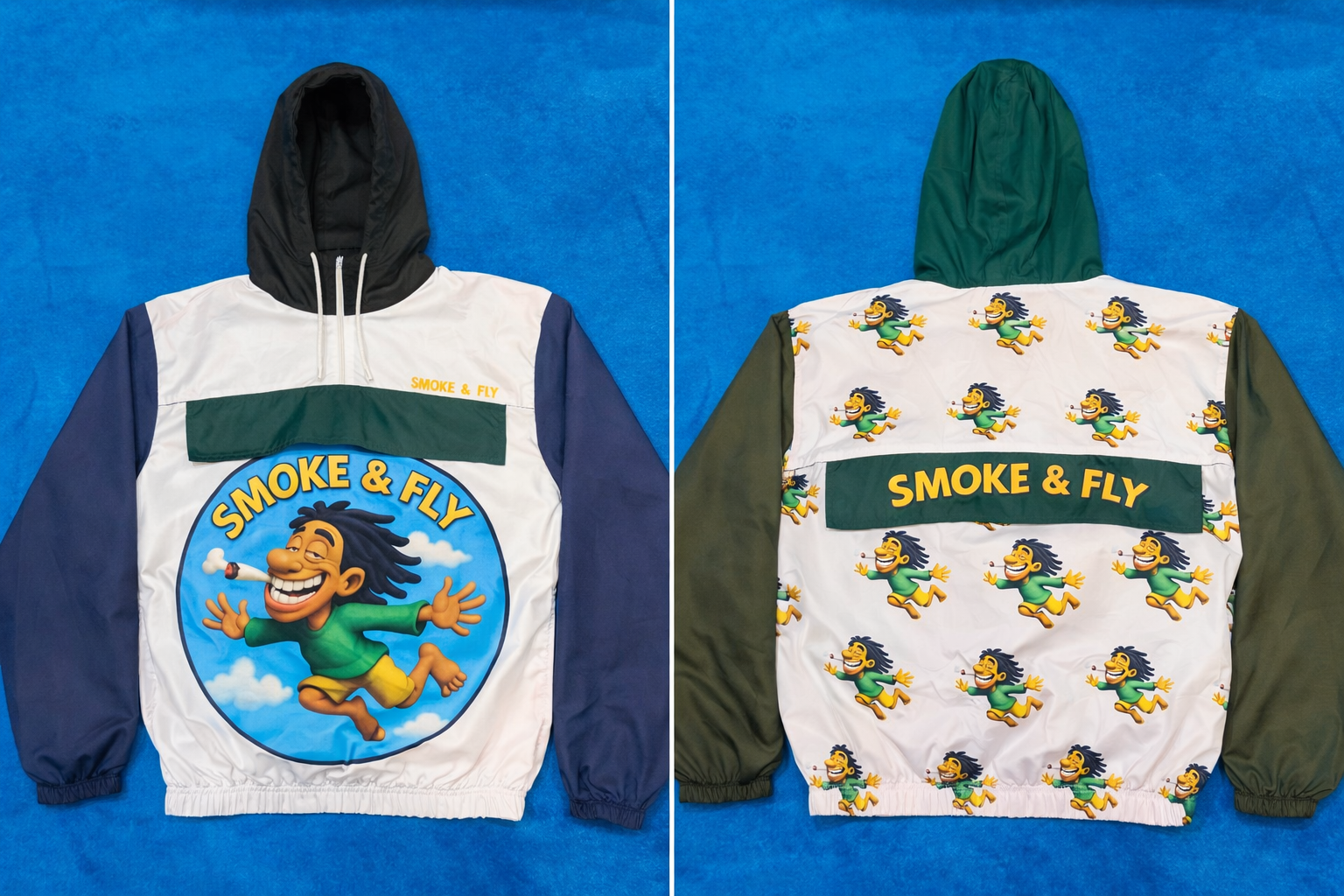 Smoke & Fly Graphic Windbreaker Jacket – Unisex Hooded Streetwear Coat | Color Block Pullover (Navy, Green & White)