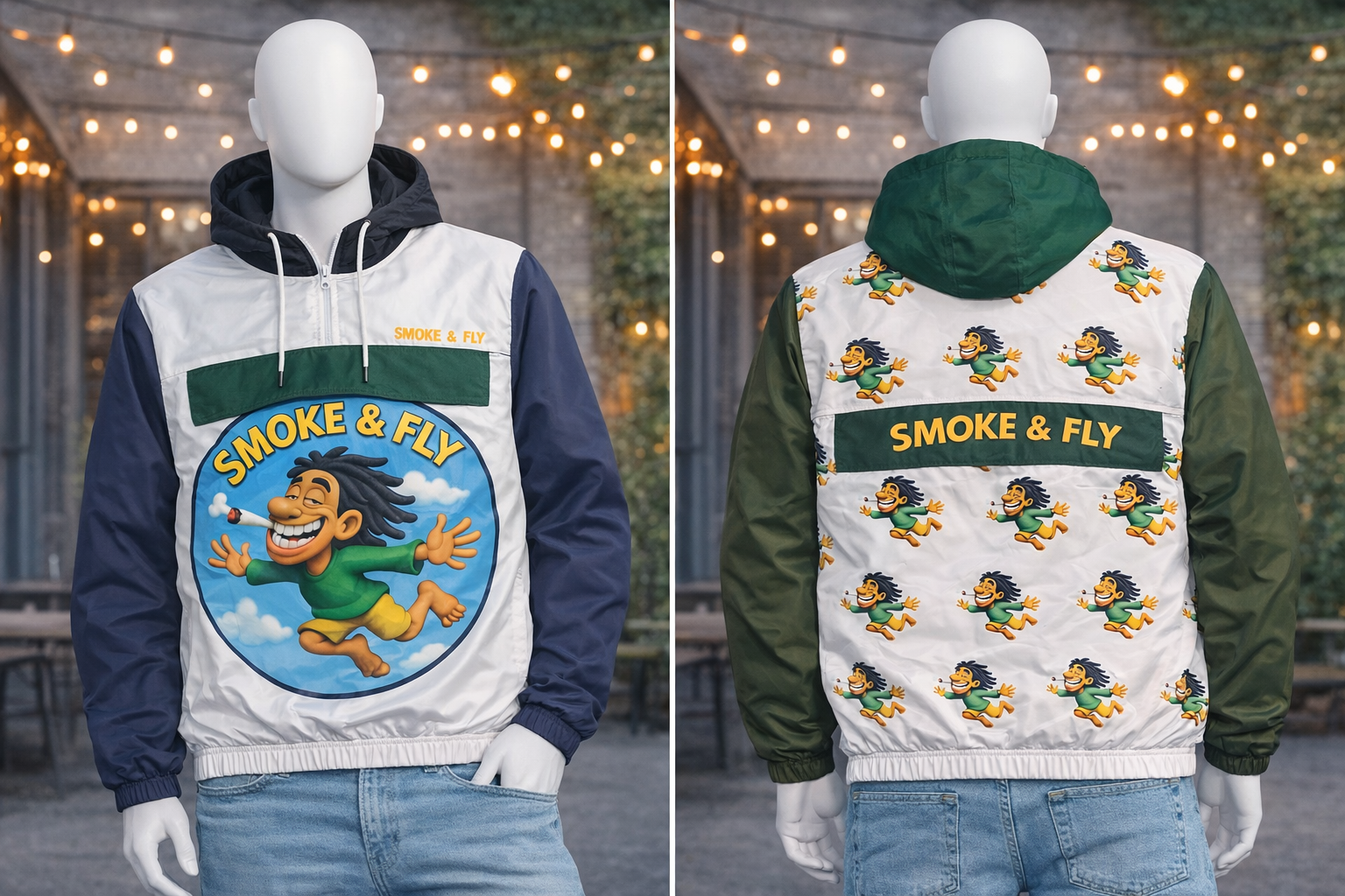Smoke & Fly Graphic Windbreaker Jacket – Unisex Hooded Streetwear Coat | Color Block Pullover (Navy, Green & White)