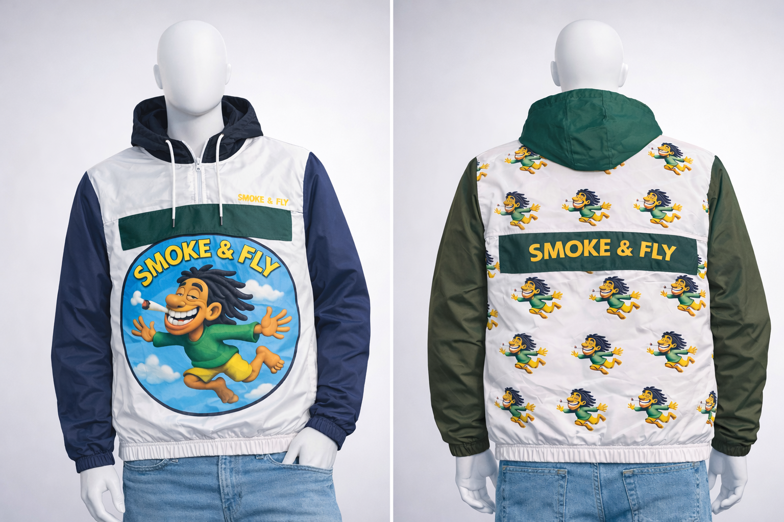 Smoke & Fly Graphic Windbreaker Jacket – Unisex Hooded Streetwear Coat | Color Block Pullover (Navy, Green & White)