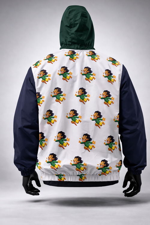 Smoke & Fly Graphic Windbreaker Jacket – Unisex Hooded Streetwear Coat | Color Block Pullover (Navy, Green & White)