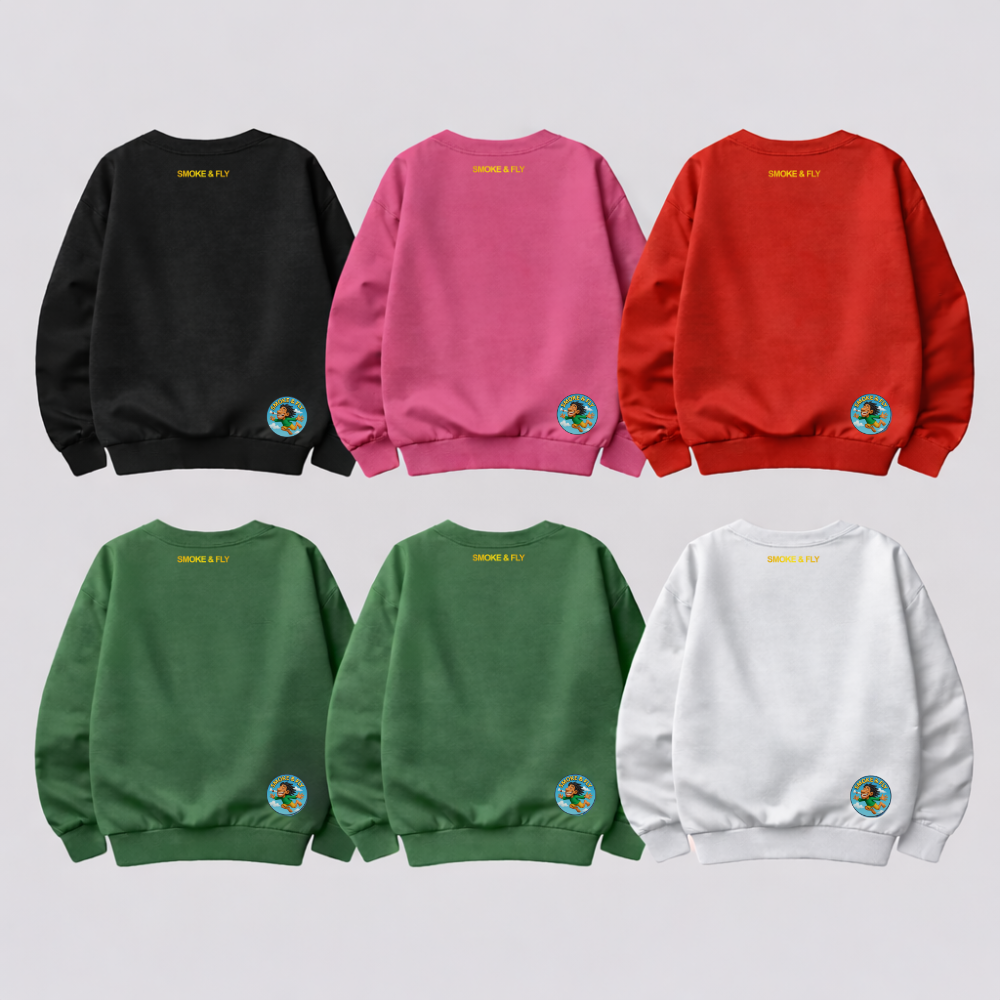Smoke & Fly Premium Crewneck Sweatshirt – Unisex Graphic Streetwear Pullover (Black, Pink, Red, Green, White)